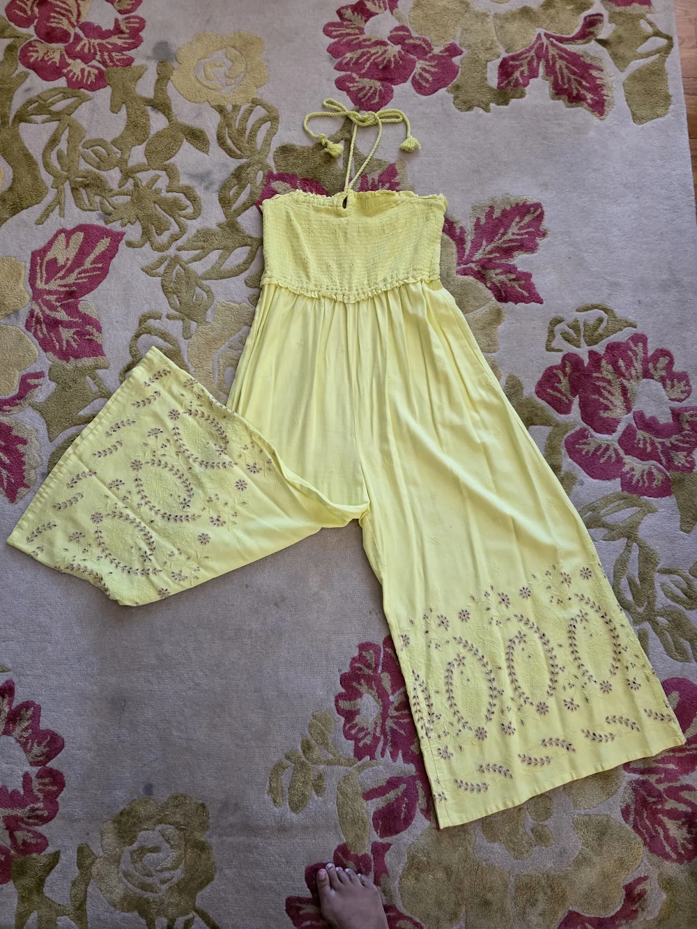 Anthropologie Yellow Smocked Halter Wide-Leg Eyelet Jumpsuit - Picture 2 of 3